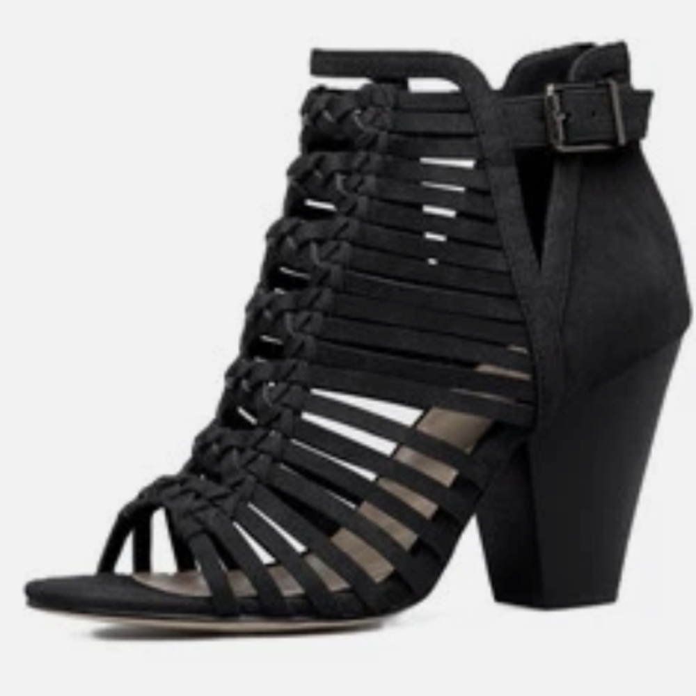 Shoedazzle Greer Black Caged Block Mid Heel Open Toe Ankle Pump 9W